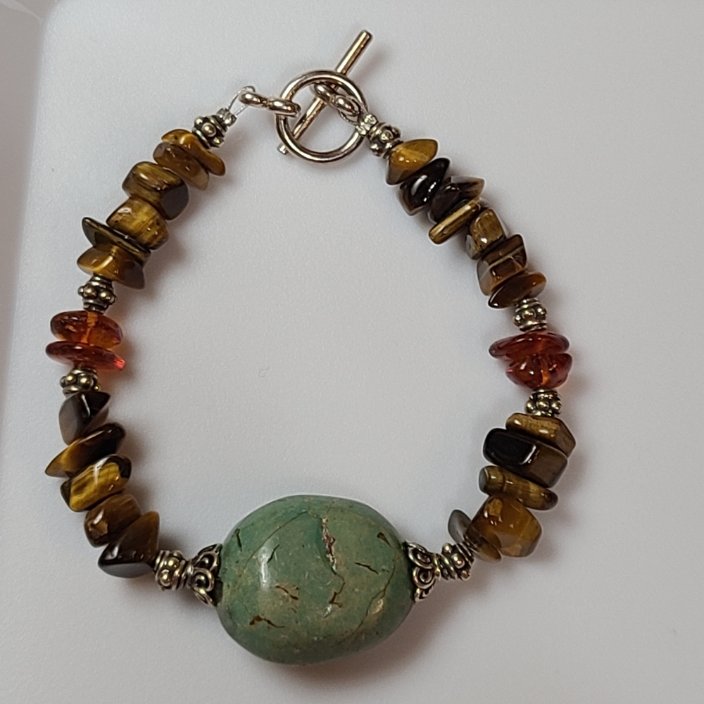Vintage 925 Turquoise Amber Tigers Eye Toggle Bracelet Sterling Silver Estate